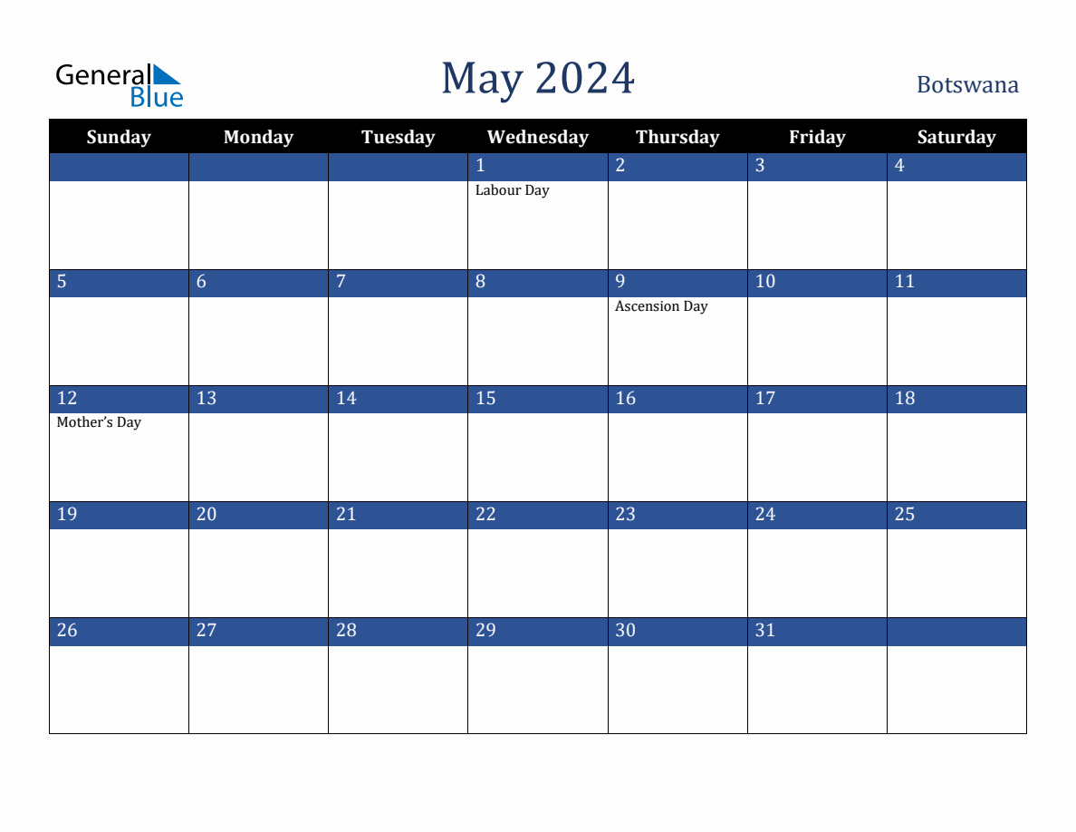 May 2024 Botswana Holiday Calendar