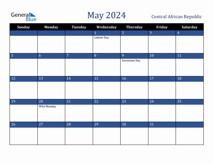 May 2024 Central African Republic Calendar (Sunday Start)