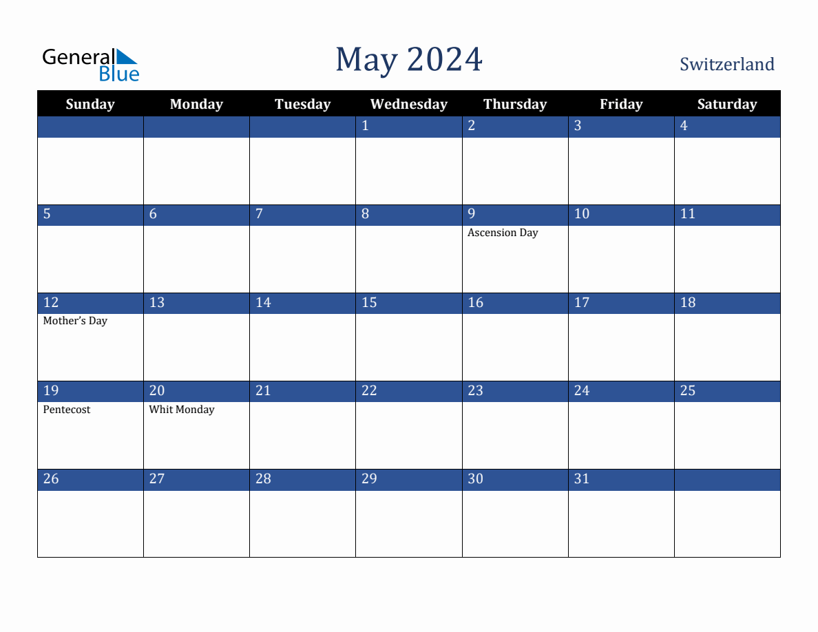 May 2024 Switzerland Holiday Calendar