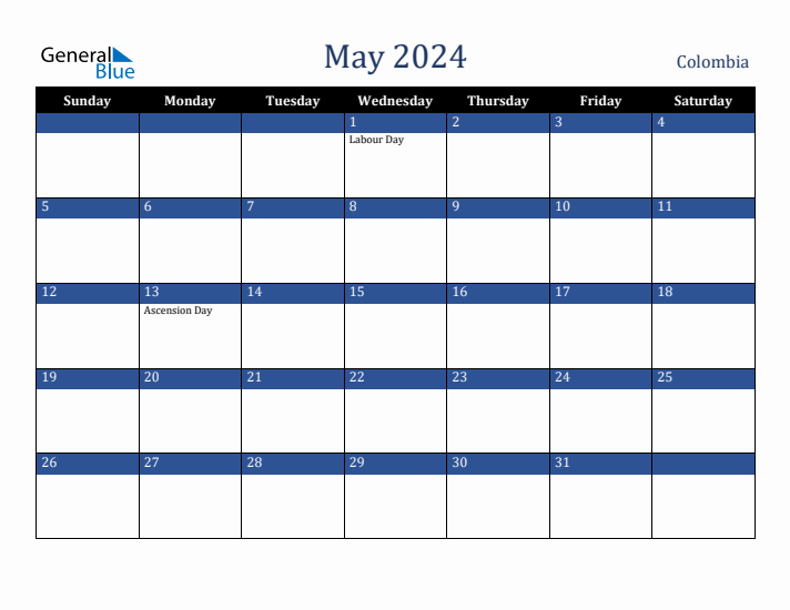 May 2024 Colombia Calendar (Sunday Start)
