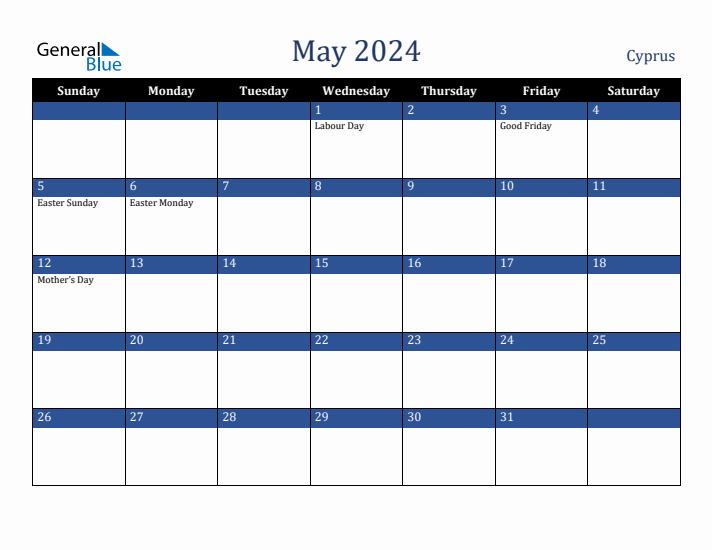 May 2024 Monthly Calendar with Cyprus Holidays