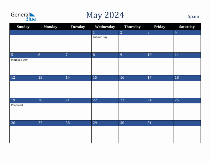 May 2024 Spain Calendar (Sunday Start)