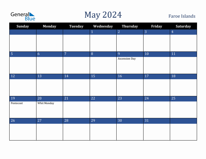 May 2024 Faroe Islands Calendar (Sunday Start)