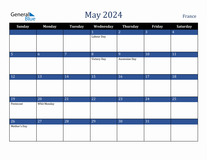May 2024 France Calendar (Sunday Start)