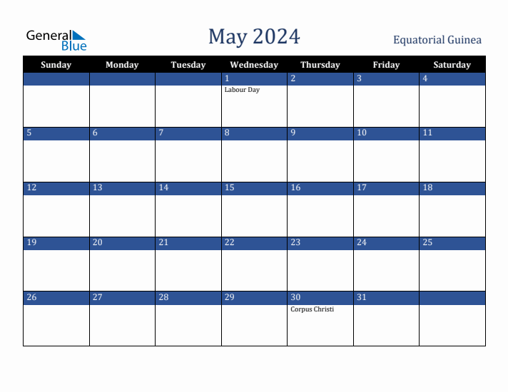 May 2024 Equatorial Guinea Calendar (Sunday Start)