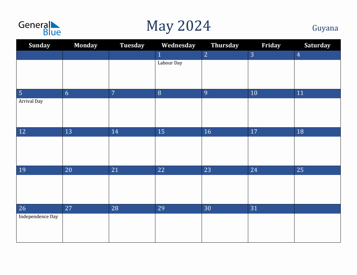 May 2024 Guyana Holiday Calendar