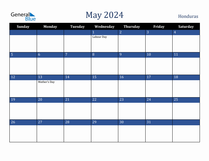 May 2024 Honduras Calendar (Sunday Start)