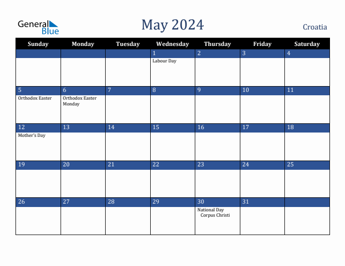 May 2024 Croatia Calendar (Sunday Start)
