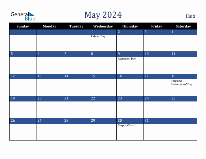 May 2024 Haiti Calendar (Sunday Start)