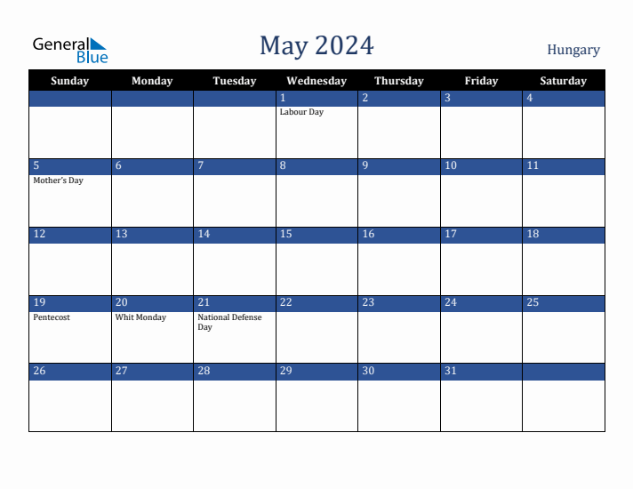 May 2024 Hungary Calendar (Sunday Start)