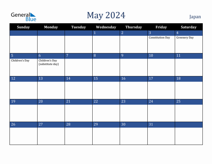 May 2024 Japan Calendar (Sunday Start)