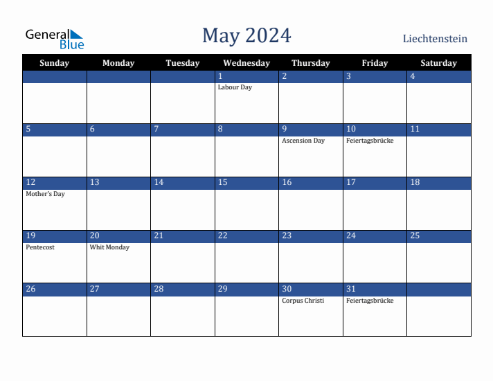 May 2024 Liechtenstein Calendar (Sunday Start)