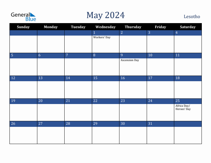 May 2024 Lesotho Calendar (Sunday Start)