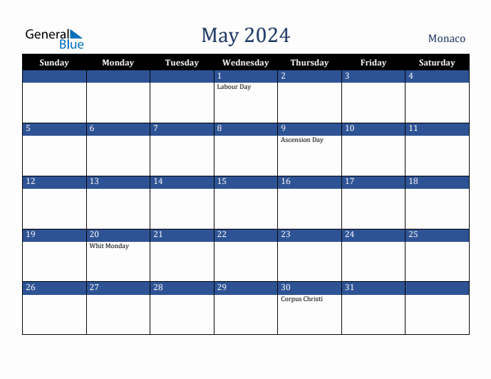 May 2024 Monaco Calendar (Sunday Start)