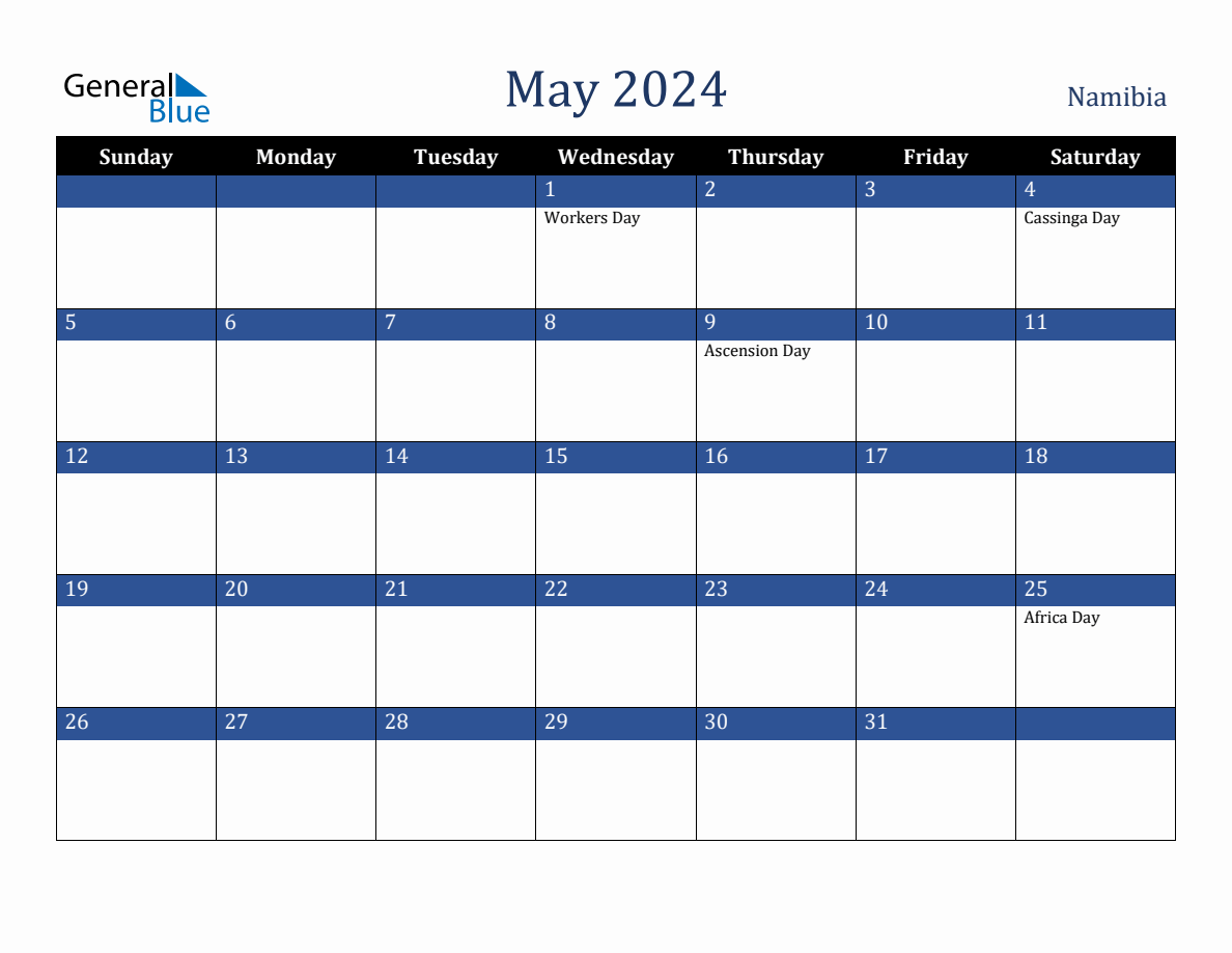 May 2024 Namibia Holiday Calendar