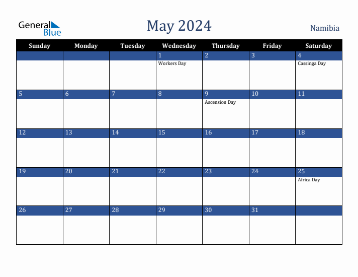 May 2024 Monthly Calendar with Namibia Holidays