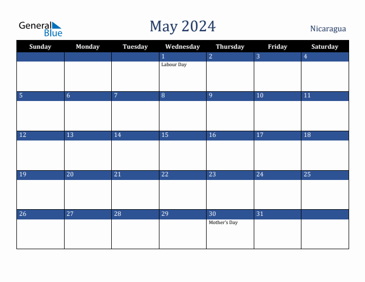 May 2024 Nicaragua Calendar (Sunday Start)