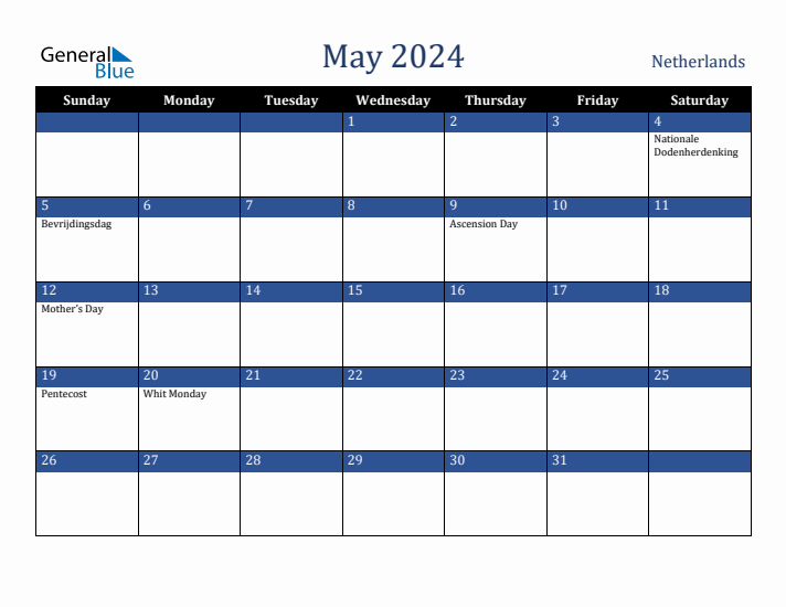 May 2024 The Netherlands Calendar (Sunday Start)