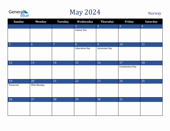 May 2024 Norway Calendar (Sunday Start)
