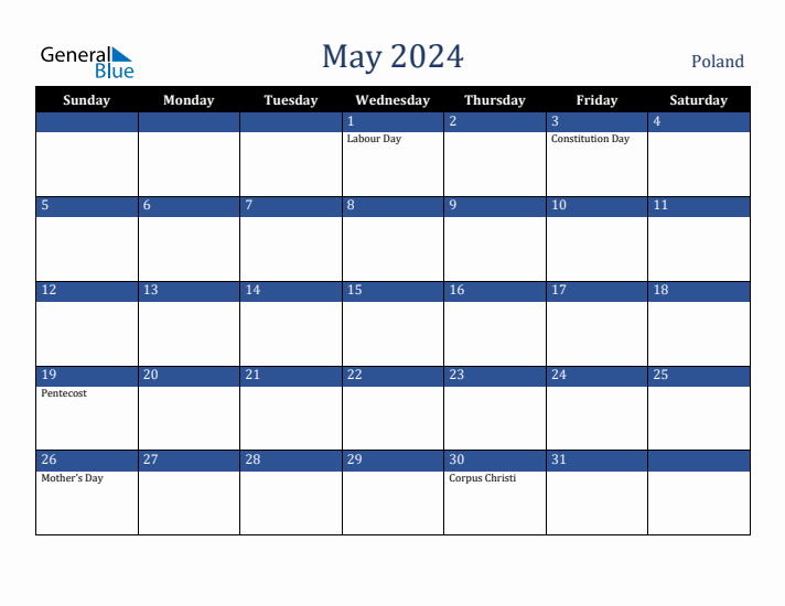 May 2024 Poland Calendar (Sunday Start)