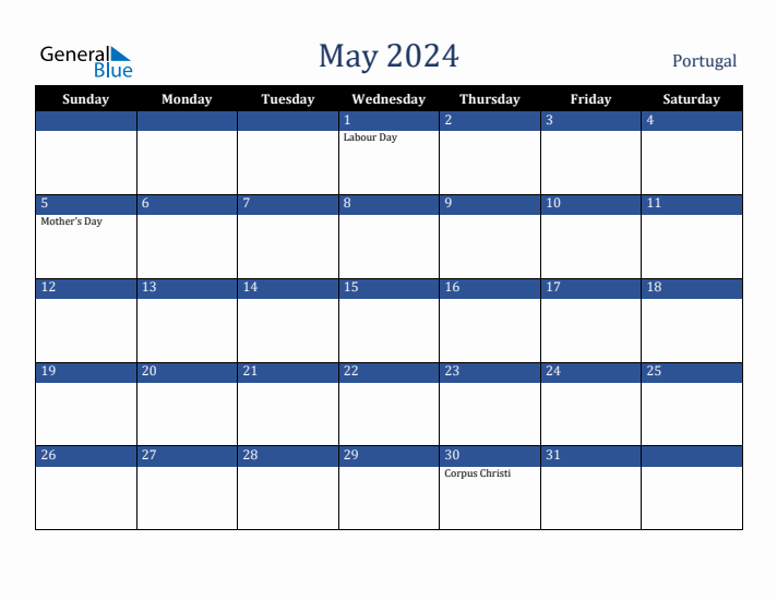 May 2024 Portugal Calendar (Sunday Start)