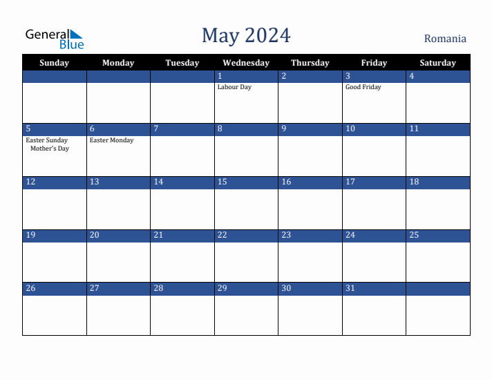 May 2024 Romania Calendar (Sunday Start)