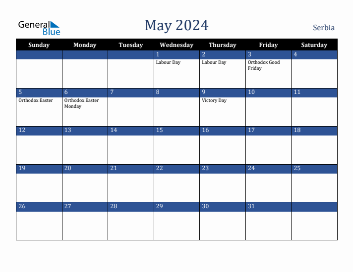 May 2024 Serbia Calendar (Sunday Start)