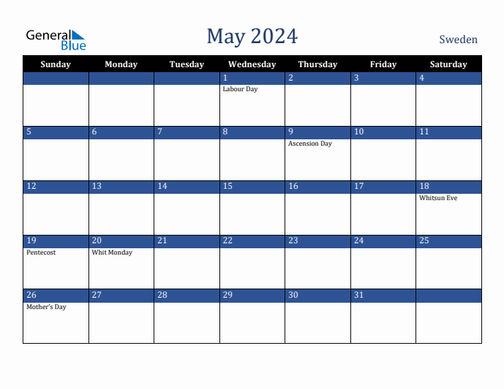 May 2024 Sweden Calendar (Sunday Start)