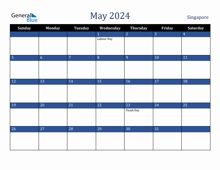 May 2024 Singapore Calendar (Sunday Start)