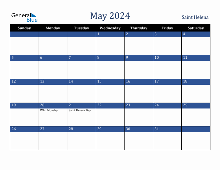 May 2024 Saint Helena Calendar (Sunday Start)