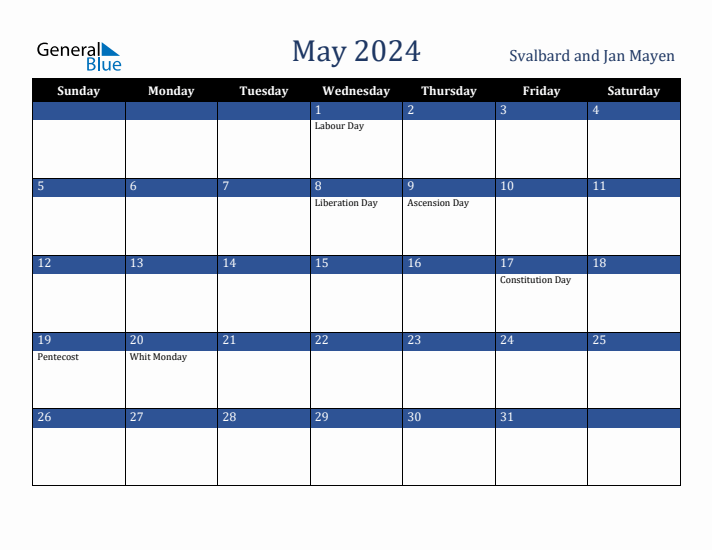 May 2024 Svalbard and Jan Mayen Calendar (Sunday Start)
