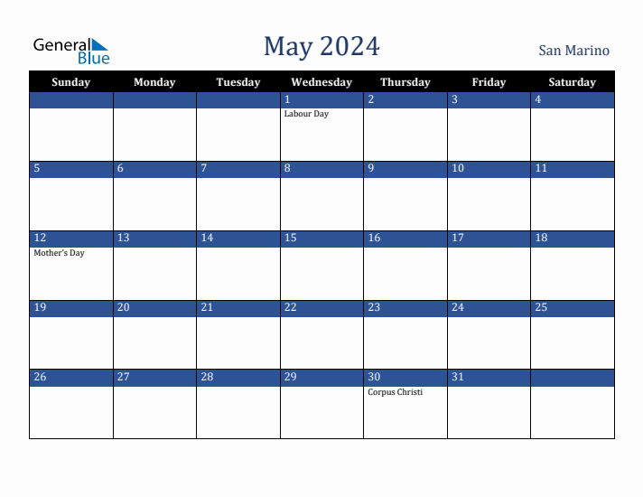 May 2024 San Marino Calendar (Sunday Start)