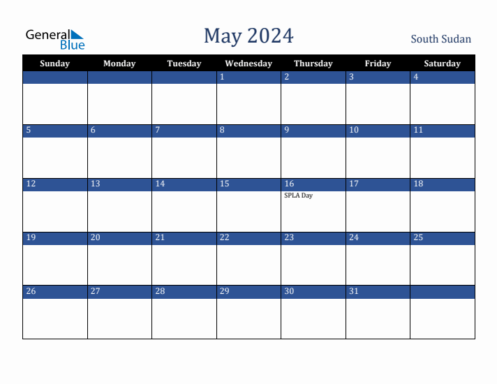 May 2024 South Sudan Calendar (Sunday Start)