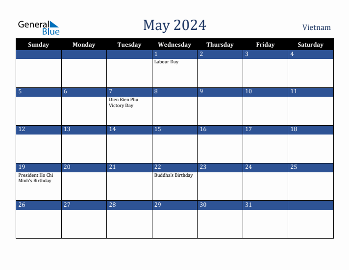 May 2024 Vietnam Calendar (Sunday Start)
