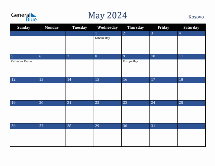 May 2024 Kosovo Calendar (Sunday Start)