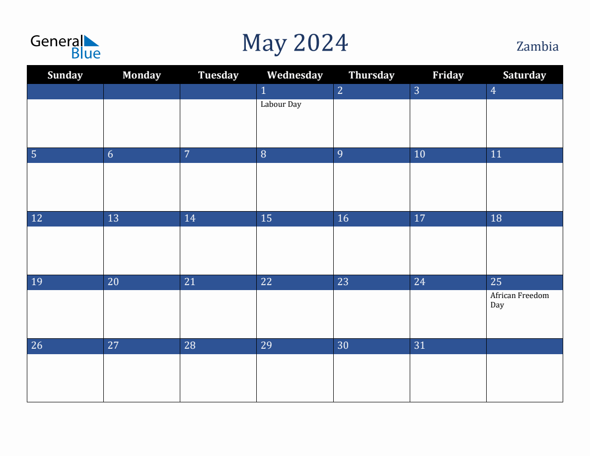 May 2024 Zambia Holiday Calendar