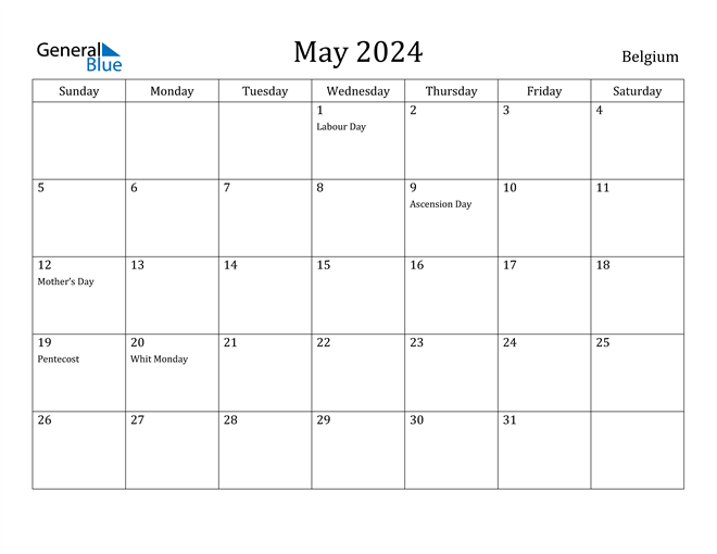 Belgium May 2024 Calendar with Holidays