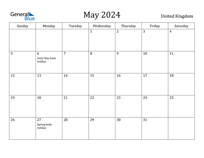 United Kingdom May 2024 Calendar with Holidays