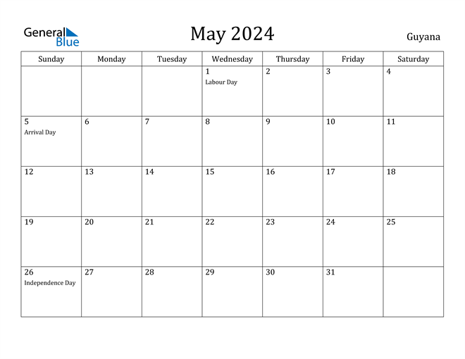 May 2024 Calendar with Guyana Holidays