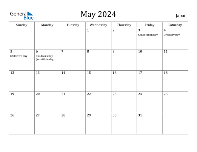 Japan May 2024 Calendar with Holidays