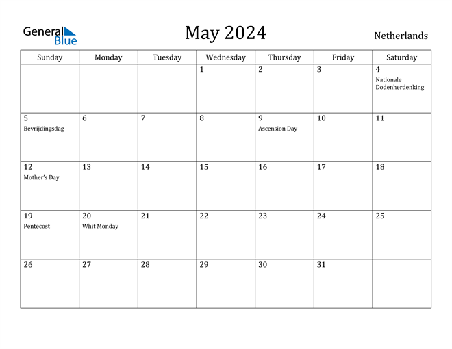 Netherlands May 2024 Calendar with Holidays