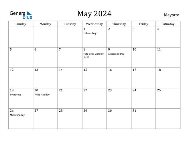 Mayotte May 2024 Calendar with Holidays