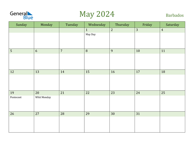 Barbados May 2024 Calendar with Holidays