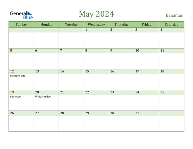 Bahamas May 2024 Calendar with Holidays