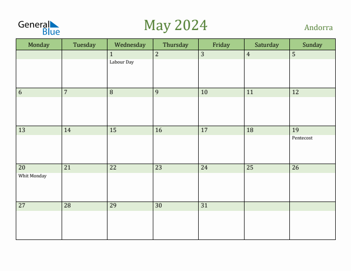 May 2024 Calendar with Andorra Holidays