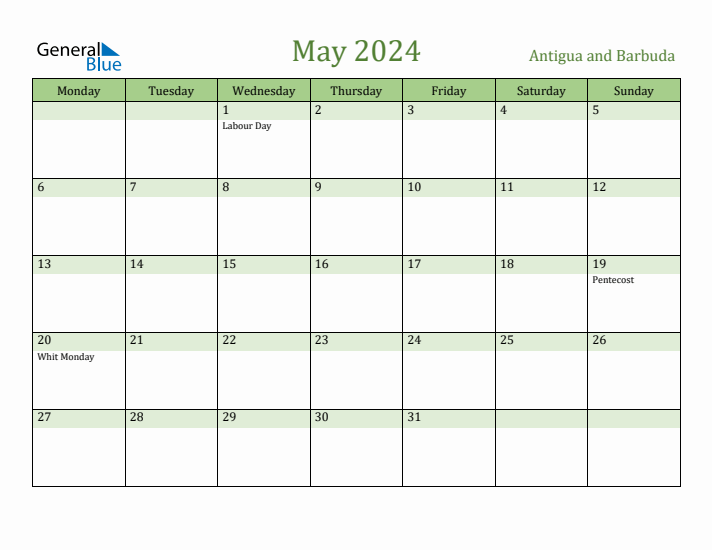 May 2024 Calendar with Antigua and Barbuda Holidays