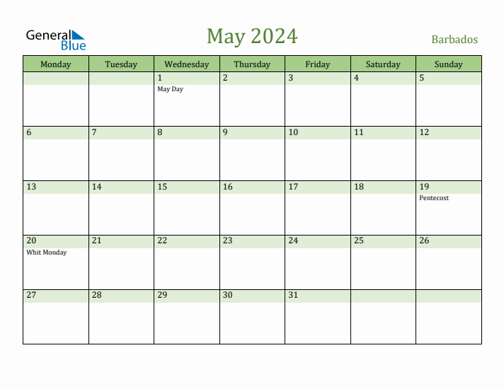 May 2024 Calendar with Barbados Holidays