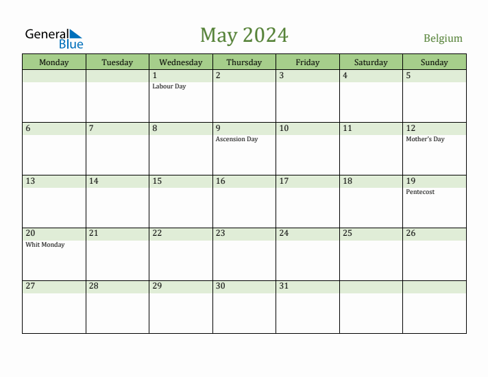 May 2024 Calendar with Belgium Holidays