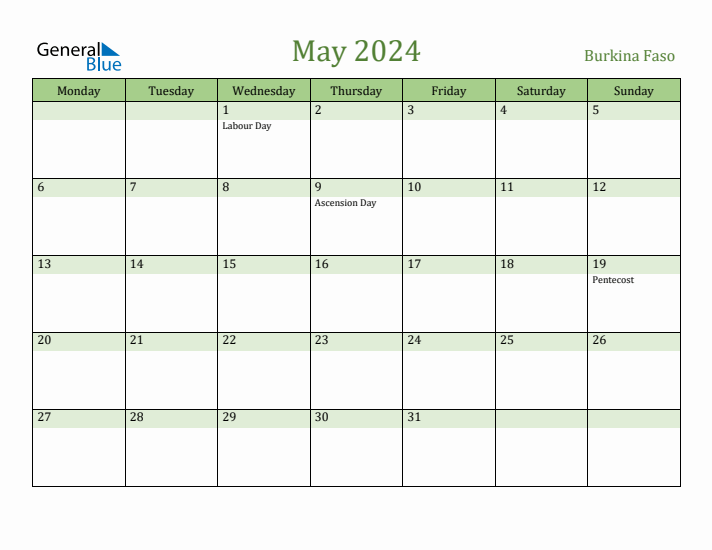 May 2024 Calendar with Burkina Faso Holidays