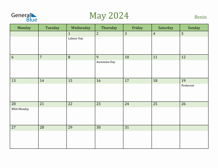 May 2024 Calendar with Benin Holidays